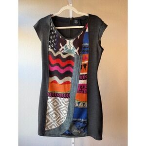 Desigual Patchwork Knit Zip Front Sheath Dress Women Multicolor Short Sleeve